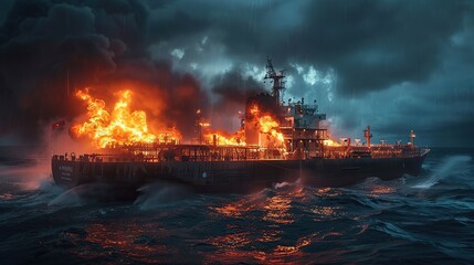 A burning oil tanker in the ocean. copy space for text.