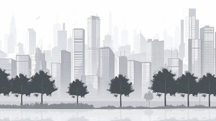 Obraz premium A serene cityscape painted in light gray tones features city buildings interspersed with lush green trees