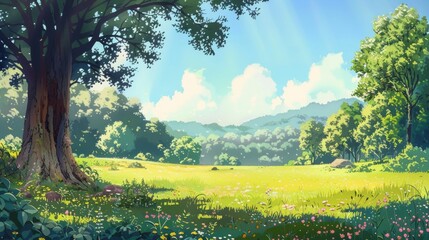 Vibrant meadows, bathed in sunlight. White flowers dot the landscape like scattered pearls. hills rise and fall, their contours softened by the blue sky.
