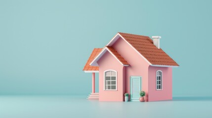 A minimalistic, cute cartoon-style house stands alone against a soft pastel background, evoking a sense of simplicity and charm