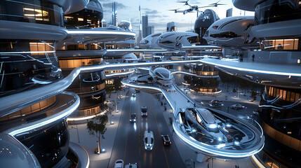 A futuristic transportation hub integrating drones, hyperloops, and autonomous vehicles. 
