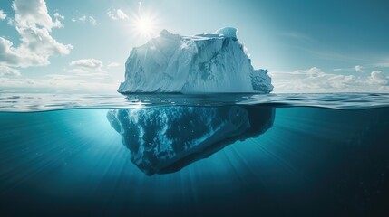 An icebergs tip and submerged section glisten in the sunlit North Sea. copy space for text. - Powered by Adobe