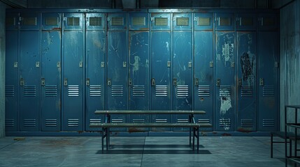Blue metal storage lockers with an accompanying wooden bench are situated in a locker area, with various doors in different states of open or closed. copy space for text.