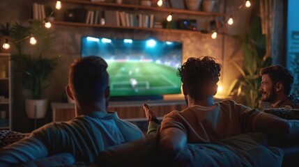 Back view of male friends sitting on couch in living room and talking with each other while watching soccer competition on TV in evening