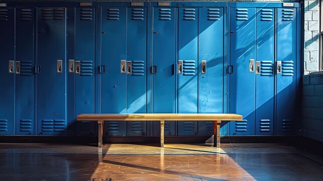 Blue metal storage lockers with an accompanying wooden bench are situated in a locker area, with various doors in different states of open or closed. copy space for text.