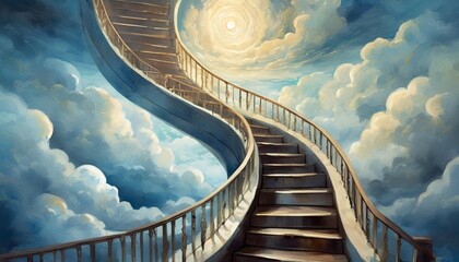 A staircase spiraling endlessly into the clouds, with doors on each step leading to unknown
