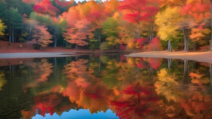 Vibrant leaf tree reflections in serene pond water on a stunning New England fall day