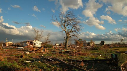 A scene of devastation where trees have been heavily damaged by the direct impact of a tornado, depicting nature's fierce power.

