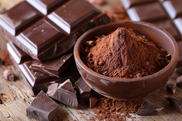 Cocoa powder or chocolate powder and chocolate bar, World Chocolate Day