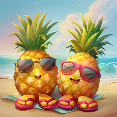 Two pineapples in sunglasses on the beach, laughing, enjoying themselves,  ocean, waves, beach towel, sun and sand - obrazy, fototapety, plakaty