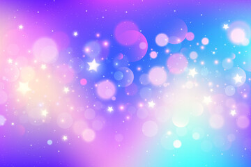 Rainbow background with stars and bokeh. Glitter cute rainbow sky. Magic pastel galaxy with fantasy sparkles. Vector abstract holographic space and iridescent gradient.