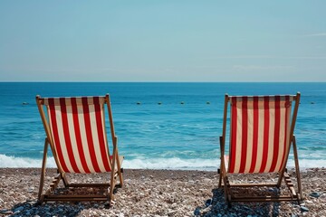 two empty deck chairs on the beach shot from the back with copy space