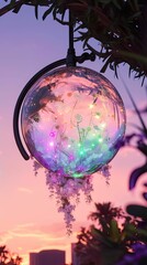 Glowing, translucent sphere, botanical garden, whimsical and enchanting, 3D render, Golden Hour, Vignette, Fish-eye Effect, Handheld shot view