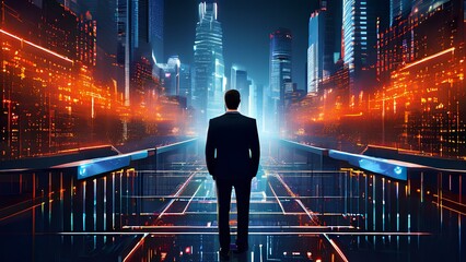 Data revolution visualizing the power of big data and analytics in driving business | A Business man standing scene from backside watching his business graph