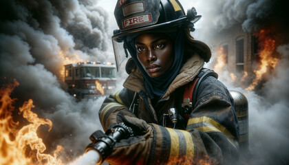 photorealistic image of a female African firefighter intensely focused while extinguishing a fire