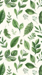 Fototapeta premium A seamless botanical watercolor illustration featuring a variety of green leaves, perfect for backgrounds, textiles, and eco-friendly concepts