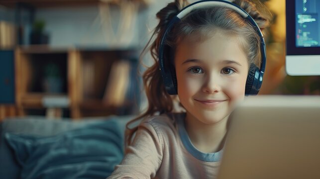 Happy schoolgirl doing homework at home. During pandemic or travel children continue learning process. Mixed-race KId receive assignments from teachers via laptop and headphones.