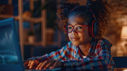 Fototapeta premium Happy schoolgirl doing homework at home. During pandemic or travel children continue learning process. Mixed-race KId receive assignments from teachers via laptop and headphones.