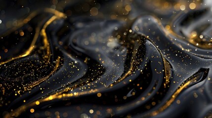 black and gold abstract wallpaper, flowing liquid shapes with shimmering particles, high resolution, intricate details, detailed background.