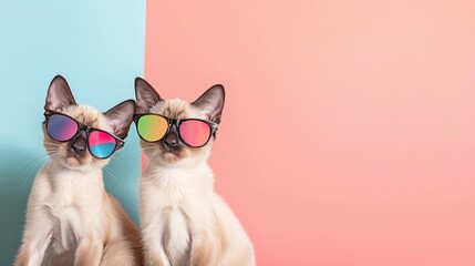 Creative animal concept. Group of Siamese cat kitty kitten friends in sunglass shade glasses isolated on solid pastel background, commercial, editorial advertisement, copy text space