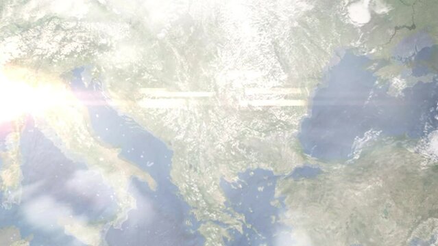 Zoom in from space and focus on Pirot, Serbia. 3D Animation. Background for travel intro. Elements of this image furnished by NASA