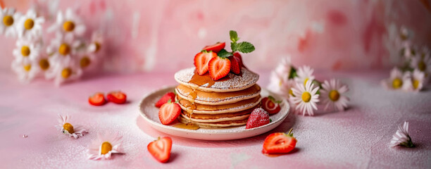 Delicious stack of pancakes topped with fresh strawberries and powdered sugar, decorated with daisies on a pink backdrop.