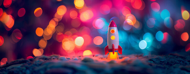 A playful toy rocket stands ready for an imaginary journey, set against a magical, colorful bokeh background.
