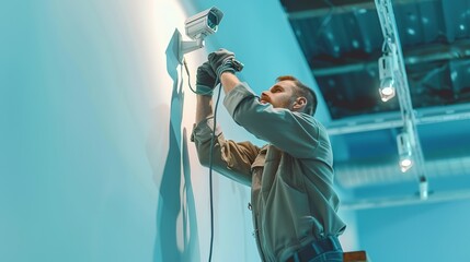 Male technician installs CCTV camera on wall in new bright office of business center. Serious young Caucasian man in work clothes is standing on ladder. copy space for text.