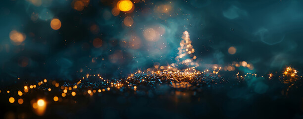 Festive blue sparkling lights in a Christmas tree shape with a soft bokeh effect in the background.