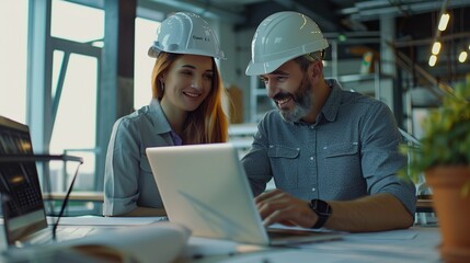 Man builder, architect or construction worker in a hardhat and uniform workwear meeting with a happy young woman and showing her a house building plan on a modern laptop computer.