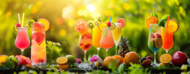 A vibrant collection of fruit cocktails, beautifully presented in a lush garden setting at sunset.