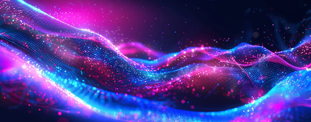 Vivid pink and purple abstract data streams with sparkling light particles emphasizing digital technology and cyber networks.