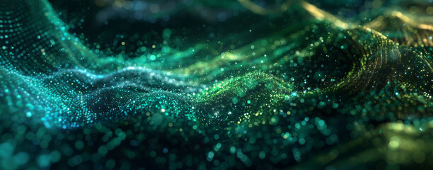 Teal and green abstract waves with digital particles flowing through cyber space, illustrating data movement and connectivity.