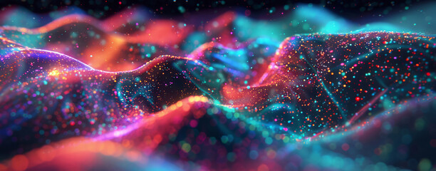 Vibrant blue waves overlaid with colorful sparkling particles creating a magical abstract effect.