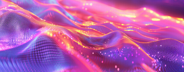 A dynamic digital landscape of undulating pink and blue waves with glowing particles.