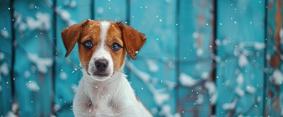 portrait of a little puppy Jack Russell Terrier dog on the background of blue boards with a snow branch - Powered by Adobe