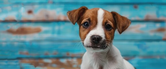 portrait of a little puppy Jack Russell Terrier dog on the background of blue boards with a snow...