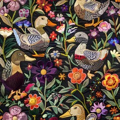 embroidery, ducks and fowers tile seamless background