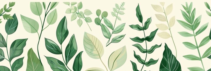 Fototapeta premium A seamless botanical watercolor illustration featuring a variety of green leaves, perfect for backgrounds, textiles, and eco-friendly concepts