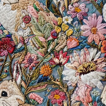 embroidery, ducks and fowers tile seamless background