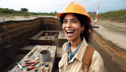 female African American archaeologist at an excavation site, showing mixture of excitement and focus