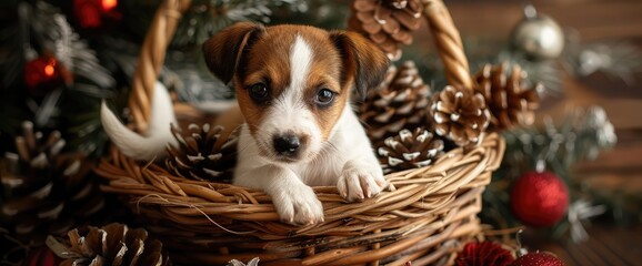 Puppy Jack Russell Terrier sitting in a basket plays and Christmas cones