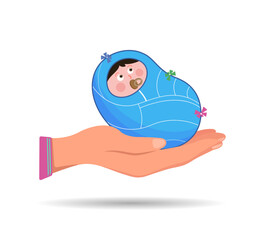 A large hand holds a newborn baby.
 A greeting card for a newborn. Vector illustration