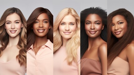 Obraz premium Beautiful woman's face collage. Beauty face makeup and different hairstyles .beautiful girl with makeup.