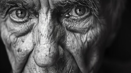 Monochrome portrait of an elderly man, focusing on the deep lines and wise eyes