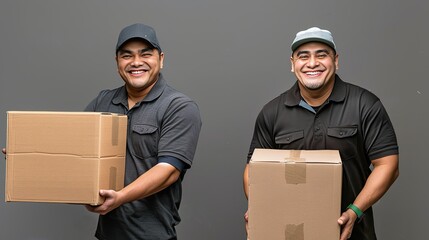 Portrait captures the teamwork of two men, professional movers, carrying cardboard boxes during an office or home relocation. Smiles reflect the friendly service provided in the process of moving.
