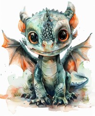 cute baby dragon with wings and big eyes - watercolor illustration