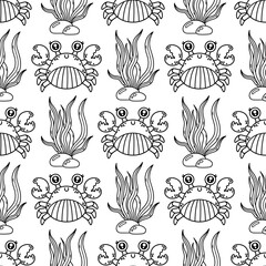 Funny crab seamless vector pattern. Aquatic animal in a shell, with claws. An ocean creature swims on the seabed among seaweed. Coloring book for kids. Hand drawn outline, marine background