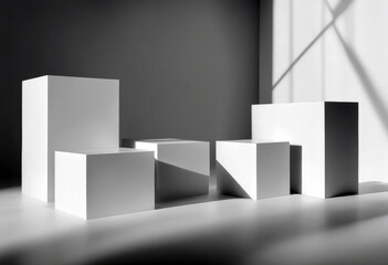 'modern podiums background White platform product design splay elegant square shadow Podium sunlight poduim ai generative'