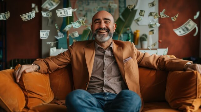 A joyful bald man in a brown blazer sits on an orange couch with money flying around him, depicting wealth